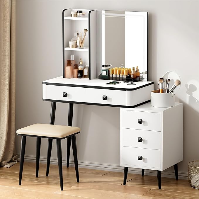 soges Vanity Desk Set, Combined Makeup Vanity LED Mirror and Lights, Cushioned Stool, Dressing Table with Storage Cabinet, Storage Drawers & Shelves, Wireless Power Outlests, White