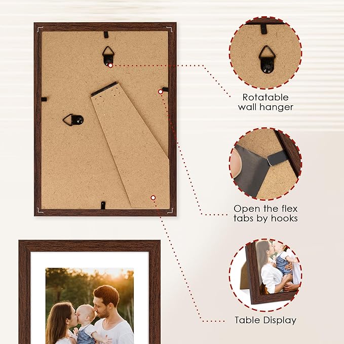 FIXSMITH 5x7 Picture Frame Set of 2, Photo Frame with HD Plexiglass, Display Pictures 4x6 with Mat or 5x7 Without Mat, Brown Picture Frames Collage for Tabletop or Wall Display
