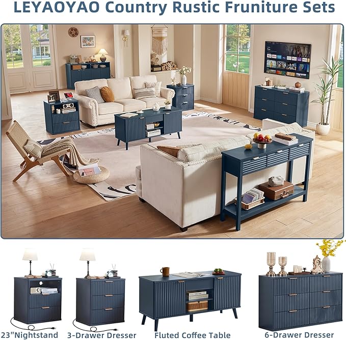 LEYAOYAO 48" Fluted Lift Top Coffee Table with Hidden Storage & Adjustable Shelves, Lifting Tabletop Large Rectangular Coffee Tables, Mid Century Modern Wood Center Table for Living Room, Nave Blue