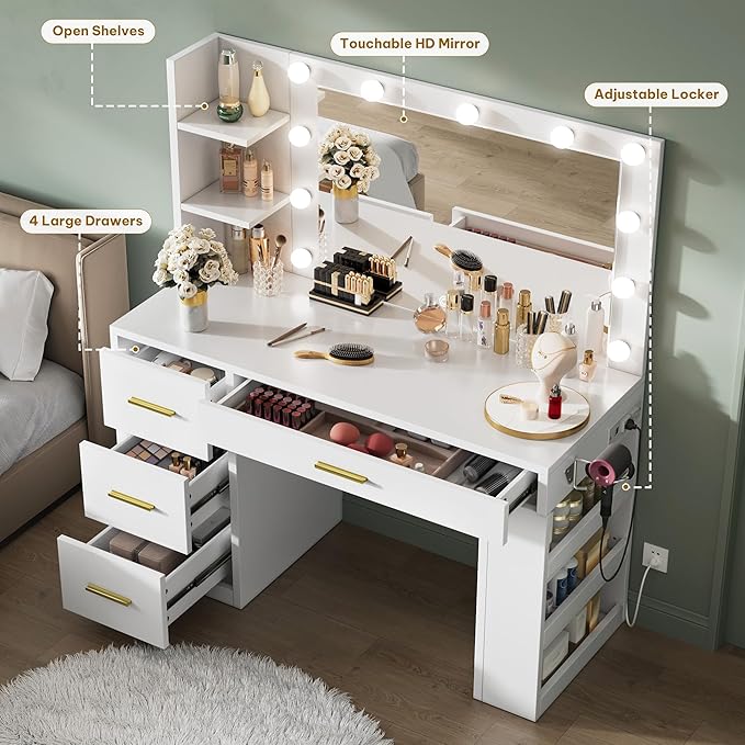YITAHOME Vanity Desk with Mirror and Lights, Makeup Table with Charging Station, Large Vanity Set with 4 Drawers, Cute Makeup Desk with 6 Storage Shelves, White