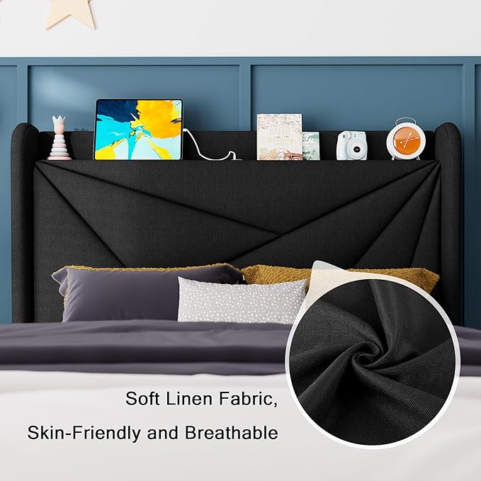 Feonase Twin Size Bed Frame with Charging Station, Upholstered Linen Platform Bed Frame with Wingback Headboard, Solid Wood Slats Support, No Box Spring Needed, Noise Free, Black