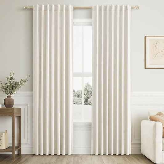 Cream Linen Blackout Curtains 105 Inch Length 2 Panels Set for Living Room Bedroom Back Tab Thermal Insulated 100% Black Out Linen Drapes Room Darkening Window Curtains 105 Inches Long Ivory Natural