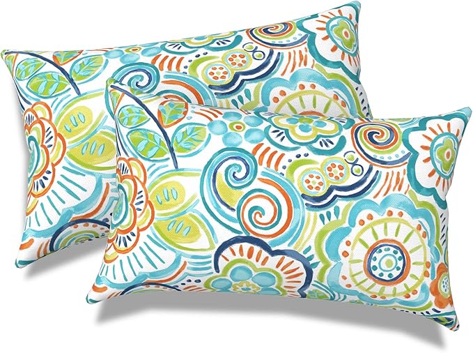 Pack of 2 Outdoor Lumbar Pillow Covers, All Weather Cushion Pillow Cases 12x20 Inch, Pillowcase for Patio Couch Decoration, Flower Blue