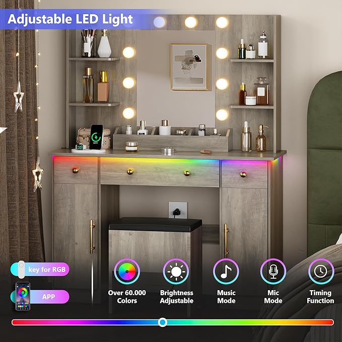 Vanity Desk with Mirror and Lights,Grey Makeup Vanity with Charging Station & Stool, 3 Drawers and Cabinets, Farmhouse Vanity Mirror with RGB LED Lights Makeup Desk and Chair for Women