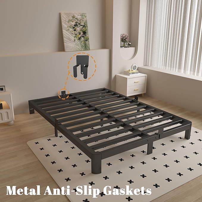 6 Inch King Size Bed Frame with Metal Gaskets, Black Bed Frame King Size No Box Spring Needed, Heavy Duty Steel Platform Support, Round Corner Design, Reserved Holes, Noiseless, Easy Assembly