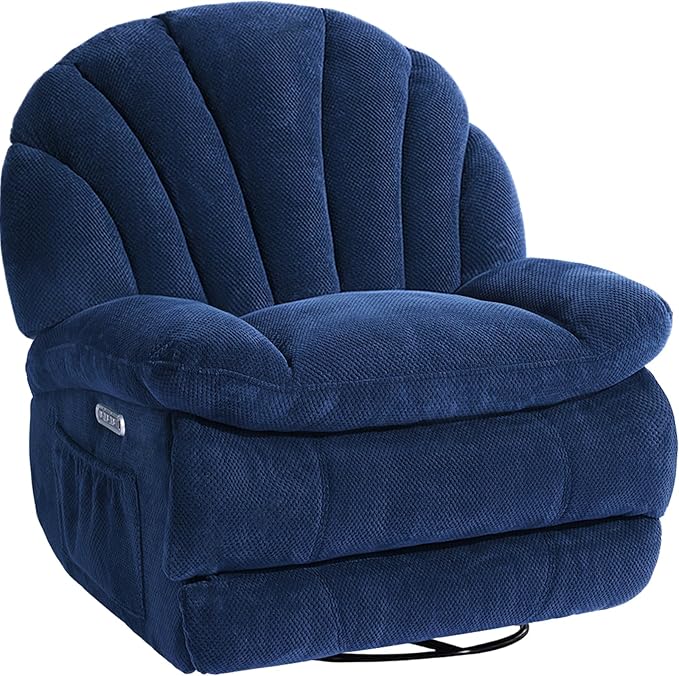 EONIX Oversized Power Swivel Rocker Recliner Chair for Living Room, Power Adjustable Backrest and Extended Footrest, USB Charging Ports, SXXY004021, Navy Blue