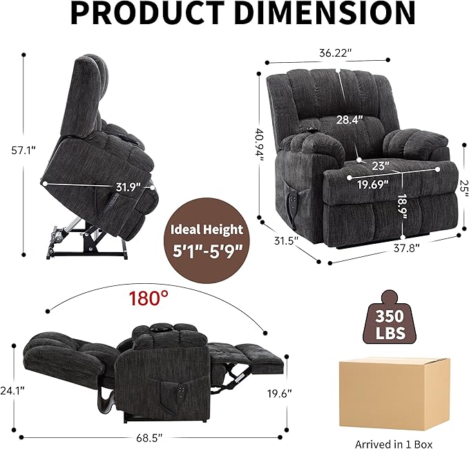 Luxlen Power Lift Recliner Chair for Elderly, Heat Massage Recliners, Dual Motor Oversized Lift Chair, Medium-Firm Electric Lift Recliners with Remote - Dark Grey