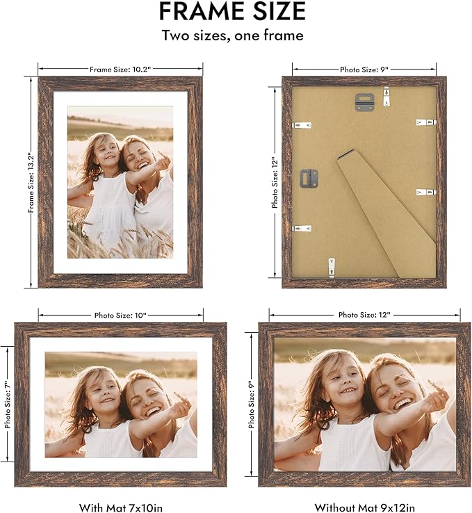 9x12 Picture Frame with Glass, Display Pictures 7x10 with Mat or 9 x 12 without Mat - Wall and Tabletop, 9 by 12 Photo Wooden Frames (Rustic Brown, 1 Pack)