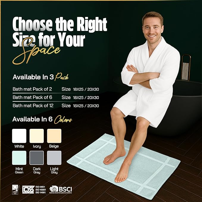 Pearl Linens Pack of 2 100% Cotton Bath Mat 20x30 inches, Soft & Absorbent Quick Dry Bathroom Mat Set, Not Bathroom Rugs, After Shower Mat, Bath Tub Mat, 687 GSM, Machine Washable, Mint Green