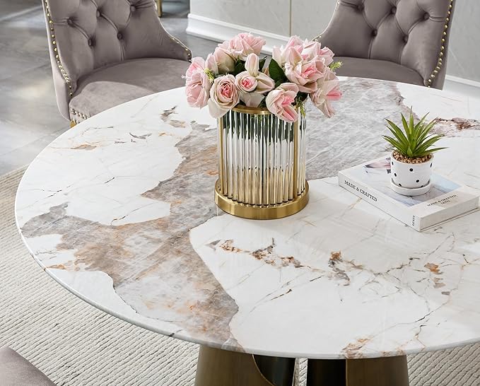 3-Piece Faux Marble Round Dining Table Set for 2, Modern Luxury Kitchen Table Set for 2 with Beige Tufted Chairs,Circle Dining Tables with Pandora Grain Top and Bronze Pedestal Base