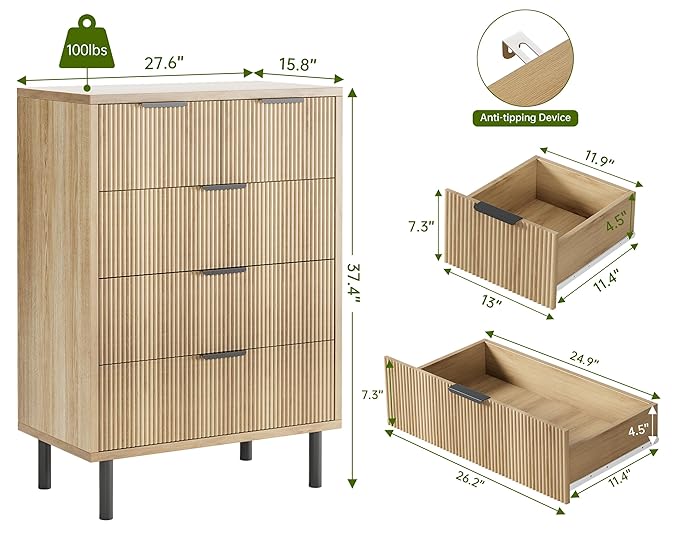 GarveeHome Oak Fluted 5 Drawer Dresser for Bedroom, Modern Wood Chest of Drawers with Wide Drawers, Closet Dresser Organizer with Anti-Tipping Device and Metal Legs for Hallway Entryway