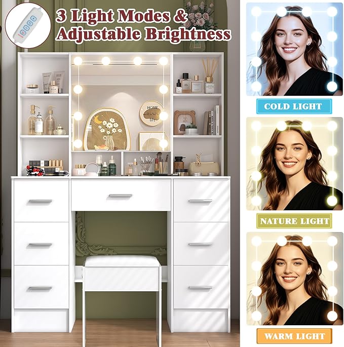White Vanity Desk with Lighted Mirror, Large Makeup Vanity Table with Drawers and Chair, Bedroom Dressing Table Set for Teen Girls and Adult Women