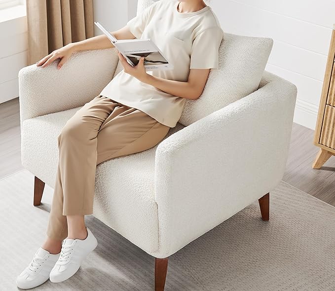 Oversized Accent Chair Modern Boucle Armchair for Living Room- 37" Wide Accent Chair with Solid Wood Legs, White Upholstered Lounge Chair for Bedroom & Office, Cozy Reading Chair (Easy Assembly)