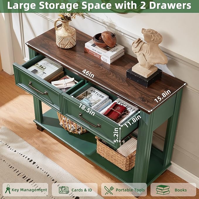 Farmhouse 46" Console Table with 2 Drawers, Rustic Wood 2 Tier Entryway Table with Open Storage Shelf for Entry, Large Mid-Century Vintage Sofa Tables Behind Couch for Living Room, Green