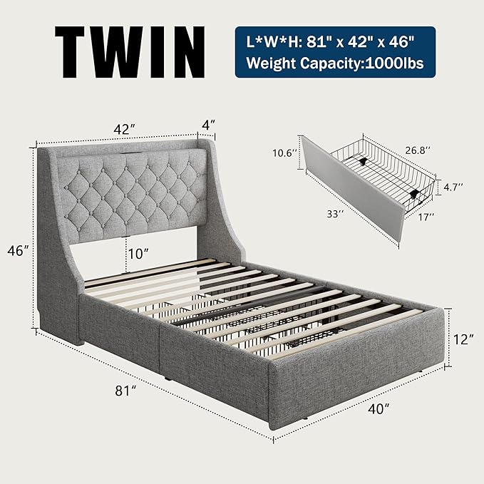Twin Bed Frame with 4 Storage Drawers, Giant Upholstered Wingback Headboard, Fast Charging Station, No Box Spring Needed, Noise-Free, Light Gray