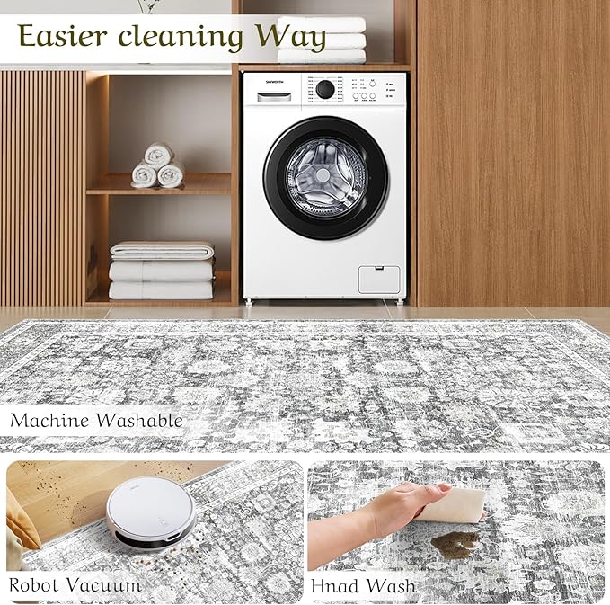 HOMFINE Machine Washable Rug 8'x10' - Vintage Design Area Rugs with Non Slip Rugs for Living Room Bedroom Floral Print Rug Carpet Stain Resistant, Home Decor Office Area Rug, Light Grey