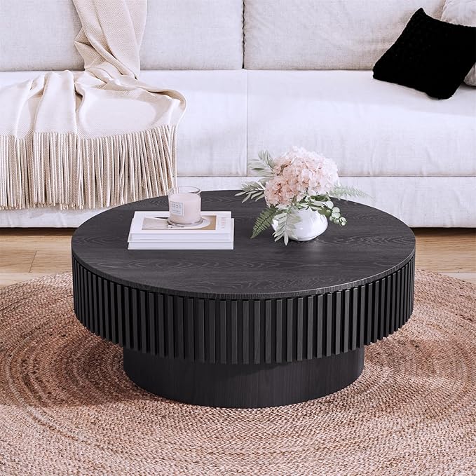Round Coffee Table for Living Room,Fluted Drum Accent Tea Center Table with Storage,Circle Modern Coffee Tables for Small Space Office Apartment (31.5" L×31.5''W×14''H-Black)