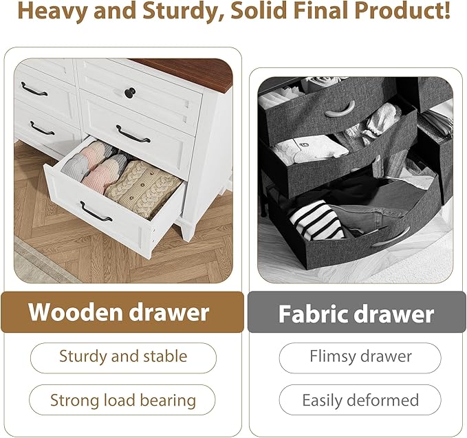 GarveeHome 6 Dresser for Bedroom, 47" Wide Drawer Dresser with Storage Freestanding, Wooden Closet Storage Chest for Living Room, Bedroom, Entryway, White+Brown