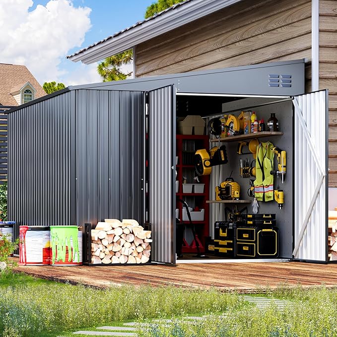 AECOJOY Shed Lean to Storage Shed, Large Outdoor 8' x 10' Metal Wall Side Bike Shed & Outdoor Storage, Garden Storage Cabinet for Backayrd, Patio and Outdoor Use in Dark Grey