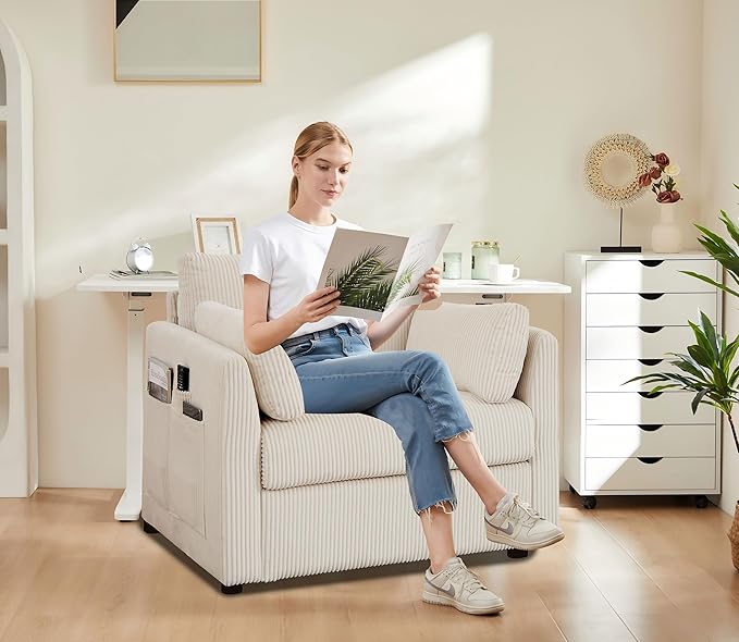 Modern Accent Chair Living Room Chairs in Corduroy Fabric,Reading Chair Sofa Couch for Apartment and Small Spaces.(Beige, Chair)