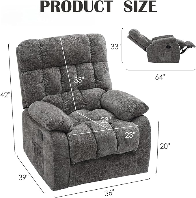 Recliner Chair with Side Pockets, Living Room Power Reclining Lounge Chair for Adults, Small Spaces Comfy Sofa with Theater Seating for Bedroom, Gray
