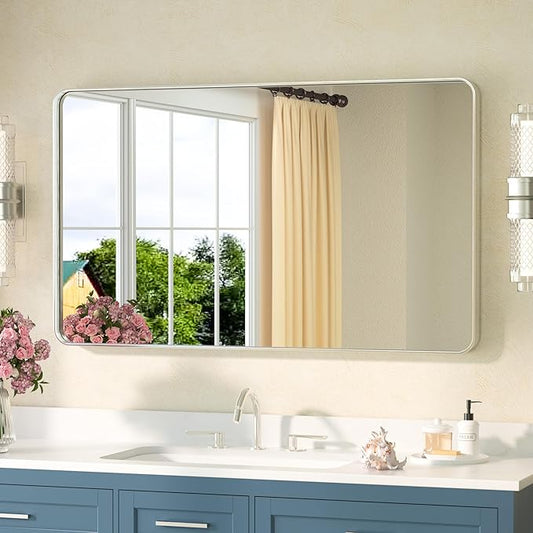 TETOTE Brushed Nickel Bathroom Mirror 40 x 24 Inch Brushed Nickel Metal Framed Bathroom Mirror, Tempered Glass, Modern Farmhouse Wall Mounted Mirror for Decorative(Horizontal/Vertical)