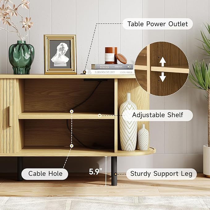 55" TV Stand with Power Outlet for TVs up to 60 Inch, Entertainment Center with Storage and Adjustable Shelves, Modern Media Console with Sliding Doors for Living Room, Oak