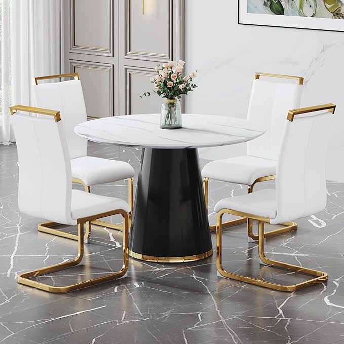45 Inch Round Dining Table Set for 4, 5 Piece Kitchen Table and Chairs Set, White Faux Marble Table Top, Small Space Dining Set for Apartment or Dining Room