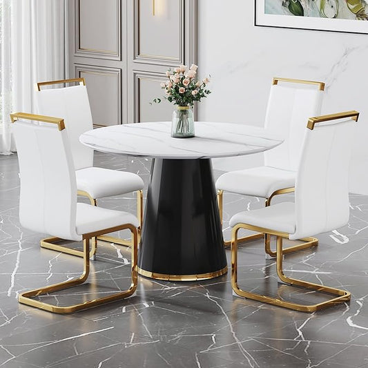 45 Inch Round Dining Table Set for 4, 5 Piece Kitchen Table and Chairs Set, White Faux Marble Table Top, Small Space Dining Set for Apartment or Dining Room