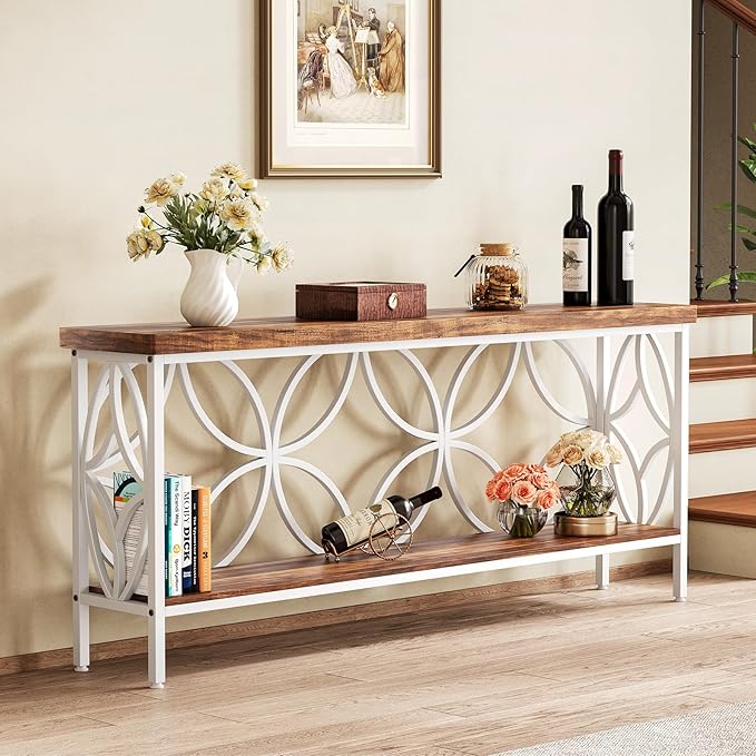 LITTLE TREE Sofa Table, 70.9 Inch Industrial Behind Couch Table with Storage Shelves, Narrow Long Console Table for Entryway, Living Room, Foyer, Hallway, Office