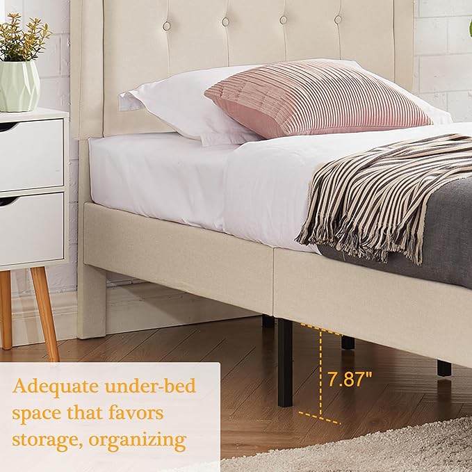VECELO Twin Size Platform Bed Frame with Fabric Upholstered Headboard and Wooden Slats Support, No Box Spring Needed/Easy Assembly,Beige