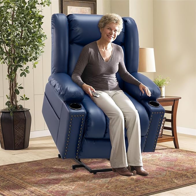 Large Power Lift Chair Recliner for Elderly with Heated and Massage, Overstuffed Adjustable Lift Chair, 3 Position, Breathable Leather, USB-A&USB-C, Cup Holder (Small-7523, Blue)