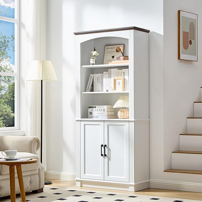 White 5 Tier Book Shelf and Bookshelf with Storage Cabinet Doors, 72 Inch Tall Bookcase, Wooden Cube Storage Organizer, Kids Bookshelf, Display Cabinet for Bedroom Furniture, Living Room, Pantry