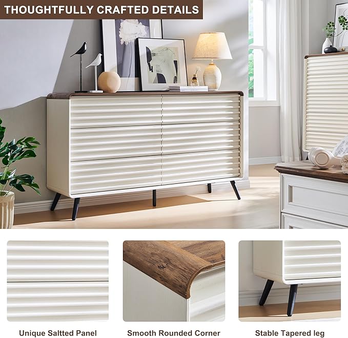 RedLemon 6 Drawers Dresser for Bedroom, 54'' Wide Mid Century Modern Wood Fluted Double Dresser, Chest of Drawers with Tapered Leg for Bedroom, Living Room, Hallway, Closet, Antuique White