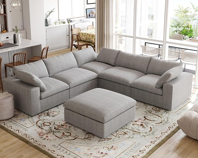 JACH V Shape Couches Sectional for Living Room, Modular Convertible Sofa Couch with Chaise Ottoman, Couch Cushion Covers Removable, Comfy Sofas for Living Room, Bedroom, Apartment (Grey)