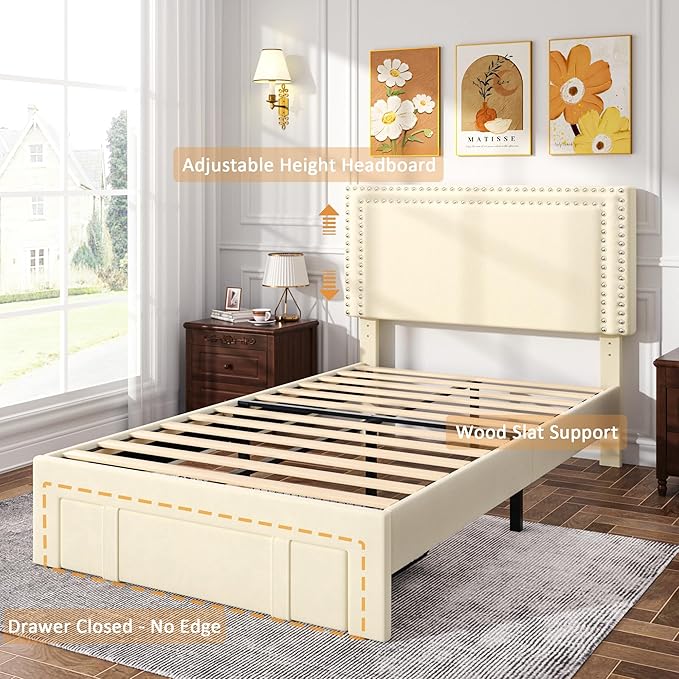 VECELO Twin Platform Bed Frame with Storage Drawer, Adjustable Velvet Rivet Decor Headboard, Wooden Slats Support, No Box Spring Needed, Easy Assembly