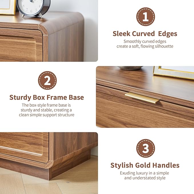 Turtle&Myrtle Modern 3 Drawer Dressers for Bedroom, 26'' Wide Wood Nightstand w/3 Storage Drawers, End Table, Dresser & Chest of Drawers with Curved Profile for Living Room Entryway, Brown