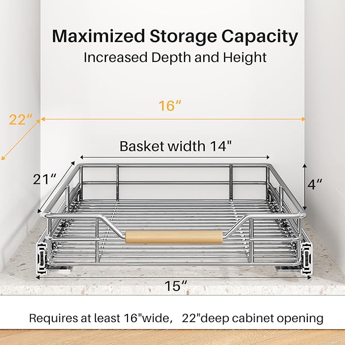 Pull out Cabinet Organizer,Heavy Duty Smooth Sliding Under Cabinet Shelves for Pots and Pans,Roll out Drawers with Thickened Chrome Plating,Slide out Drawers for Home Kitchen Pantry(15"W X 21"D)