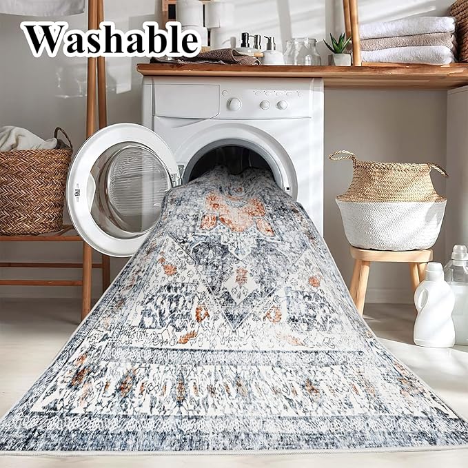 Area Rug 4x6 Washable Vintage Cover Foldable Thin Retro Accent Indoor Distressed Non Slip Carpet Floral Print Mat Bedroom Living Room Bathroom