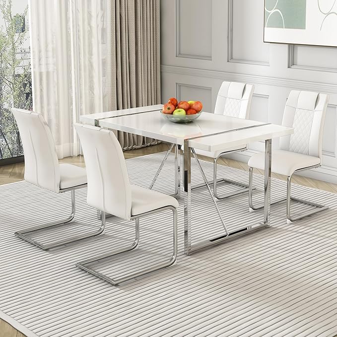 Dining Table Chairs Set for 4, Modern Rectangular Dining Room Table Set PU Leather Upholstered Dining Chairs 55" Dinner Table Set for Kitchen, Dining Room (Dining Table Set for 4, White)