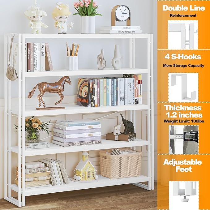 HCHQHS Bookshelf, 5-Tier Industrial Bookcase, White Open Book Shelf, Freestanding Tall Bookshelves with Metal Frame