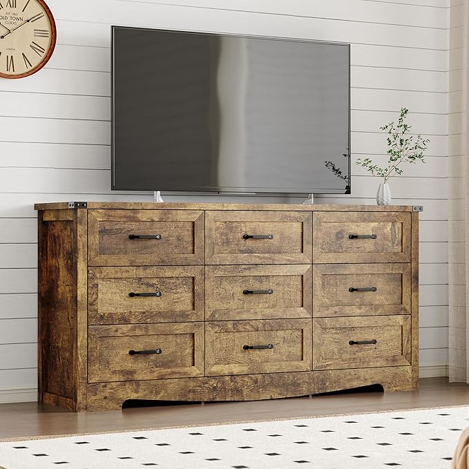 9-Drawer Dresser for Bedroom, Modern Wooden Chest of Drawers with Metal Handles, Anti-Tipping Design, Sturdy and Stable Storage Organizer for Living Room, Entryway, Home Office