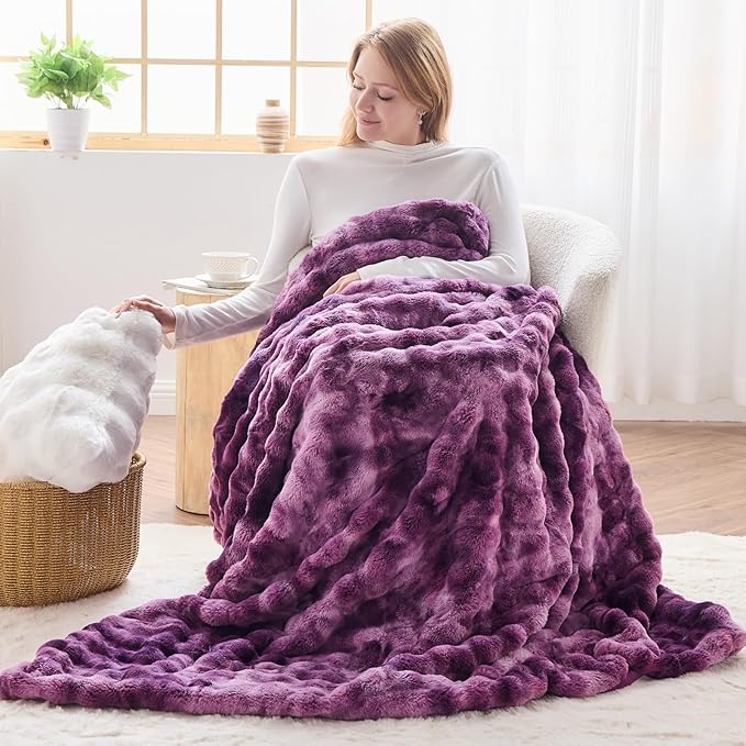 NEWCOSPLAY Faux Fur Throw Blanket Tie-dye Violet Purple Luxury Fluffy Thick Warm Bubble Blanket for Couch Sofa Bed 700GSM (Tie-dye Violet Purple, Throw(50"x60"))