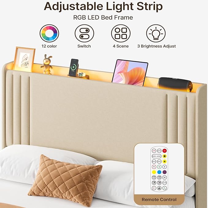 Gizoon Full Bed Frame with Charging Station and LED Lights,Upholstered Wingback Platform Bed with Wooden Slats,Noise-Free,No Box Spring Needed