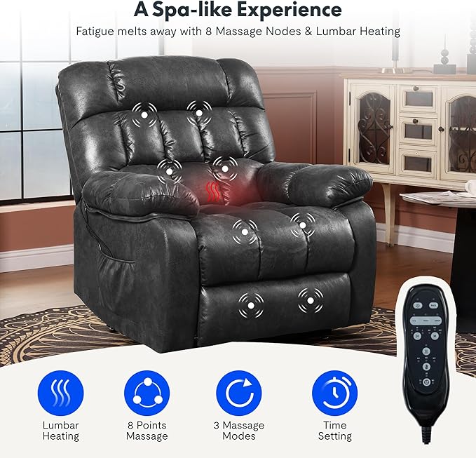 FLEXISPOT XL51 Dual OKIN Motor Power Lift Recliner Chair for Elderly, Lay Flat Electric Recliner with Massage & Heat, USB Ports, Faux Leather Reclining Sofa for Living Room Bedroom, Black