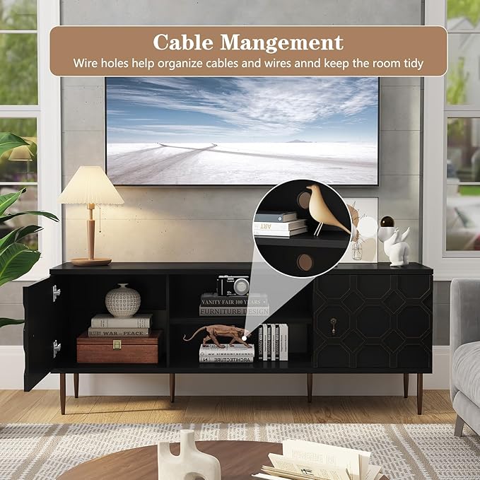 Modern TV Stand for 65/70inch TV, Entertainment Center with Storage Cabinet and Open Shelves, Embossed Pattern TV Stand, TV and Media Console for Living Room, Bedroom, Black