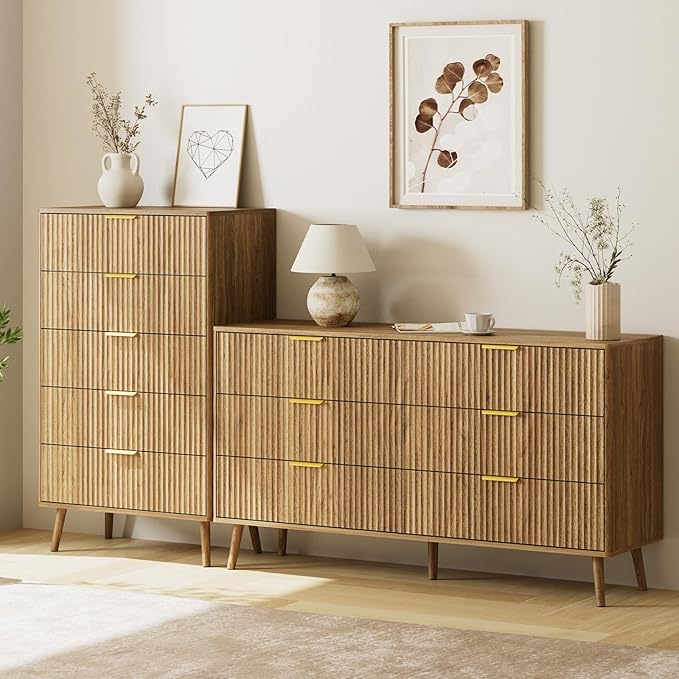 LYNSOM Fluted 5 Drawers Dresser, 45" Tall Modern Chest of Drawers with Curved Profile Design and Metal Handle, Wood Drawer Organizer for Bedroom, Living Room, Hallway, Entryway, Natural Oak