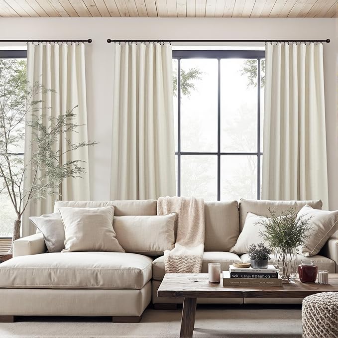 Long Black Out Curtains 108 Inch Length 2 Panel Complete Blackout Full Light Blocking Heat Winter Cold Thermal Insulated Neutral Linen Drape for Bedroom Living Room Cloth Canvas Textured 9 FT Beige