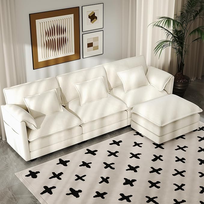 Real Relax 111'' Modular Sectional Sofa, L Shaped Chenille Convertible Couch with Movable Ottoman, 6 Pillows and 2 Armrest Pillows for Living Room, Office and Leisure Places, Beige
