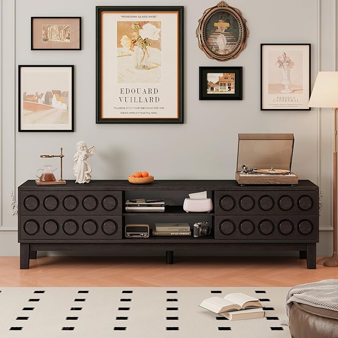 70" Modern TV Stand, Entertainment Center for Tvs up to 75", Unique Circular Design, TV Media Console with 4 Drawer & Open Storage for Living Room (Black)